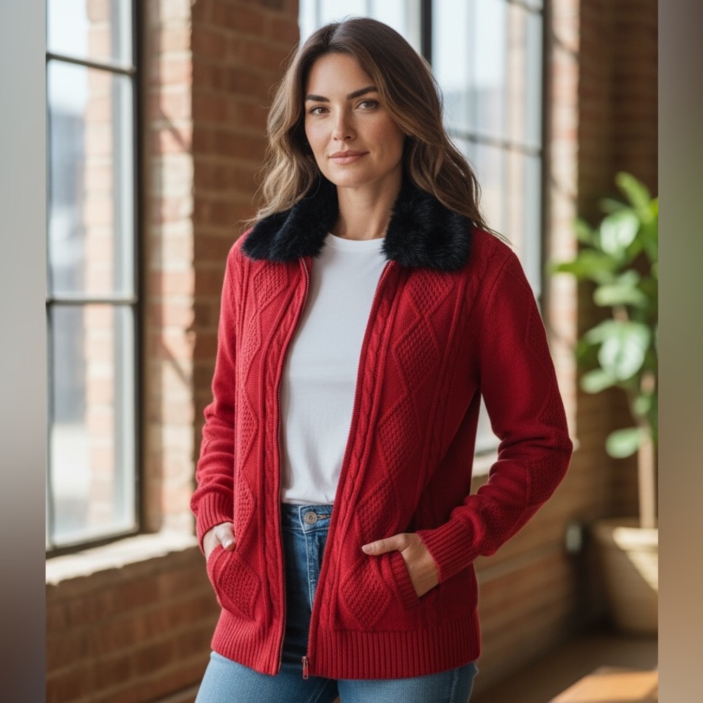 Claiborne Liz & Co EUC Red Front Zip Cardigan Sweater Detachable Faux Fur Collar